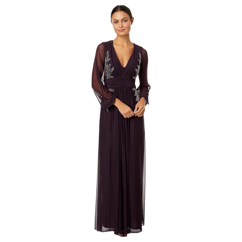 Betsy & Adam Kylie V-Neck Embroidered Chiffon Gown in Plum Purple Size 10 NWT